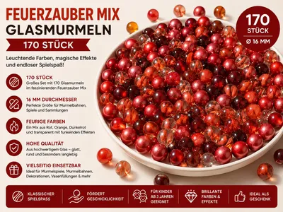 Produktbild von 170 Stück Glasmurmeln „Feuerzauber Mix“ Ø 16 mm – Rote & Orange Murmeln aus Glas – für Murmelbahn, Spiele & Deko, KI-generiertes Bild