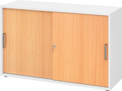 Produktbild von bümö Schiebetürenschrank office - 2 Ordnerhöhen - Griff: Streifengriff (Kunststoff), Nachbildung: Weiß/Buche
