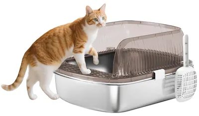 Produktbild von PawHut Katzenklo Edelstahl, offen Katzentoilette mit hohem Rand, Wanne, Schaufel