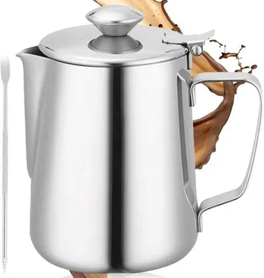 Productafbeelding van Ibenzoa® Melkkannetje, 600 ml, gemaakt van roestvrij staal 304 – vaatwasmachinebestendig, druppelvrij uitgietmond, inclusief latte art pen voor koffie en cappuccino