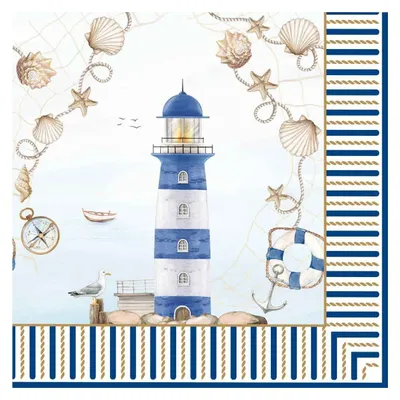 Produktbild von 20 Servietten Blue Lighthouse - Leuchtturm mit Muscheln 33x33cm