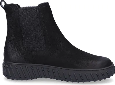 A single black Chelsea boot is shown from the side against a white background.