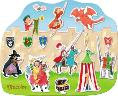 A collection of stickers depicting a medieval fantasy scene with knights, a dragon, a witch, a tent, and a castle wall.