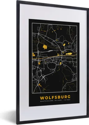 Produktbild von MuchoWow® Gerahmtes Poster Schwarz und Gold - Stadtplan - Wolfsburg - Deutschland - Karte 40x60 cm - Poster mit Schwarzem Bilderrahmen Wandposter Rahmen Foto Bilder - Poster in Rahmen