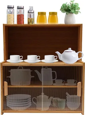 Produktbild von Kleines Bambus Sideboard Küche für Arbeitsplatte, Buffet Schrank Küche Küchenschrank, mit Zweischichtige Partition und Öffnen Arbeitsplatte, Bambus-Schrank-Organisator für Tassen, Küchenutensilien