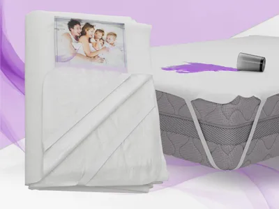 A collage showing a folded white mattress protector on the left and a mattress with a purple liquid spill on the right.