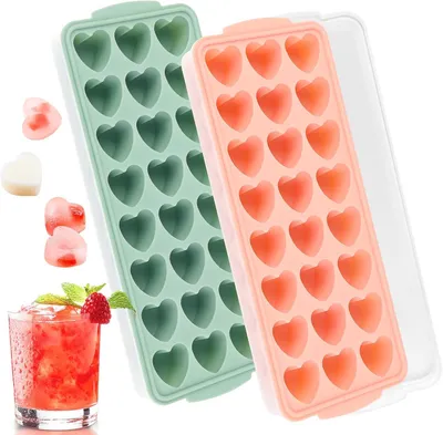 Produktbild von Hartförmige Eiswürfelform, klein - 24 Fächer - Silikonform für Herzförmige Eiswürfel - 2 Stück. Silikon-Eiswürfelform mit Deckel, BPA-frei