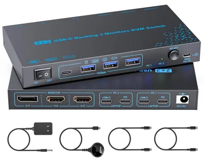 Obrázek produktu pro Přepínač KVM pro 3 monitory – USB-C KVM přepínač s rozlišením 4K při 60 Hz pro 2 počítače