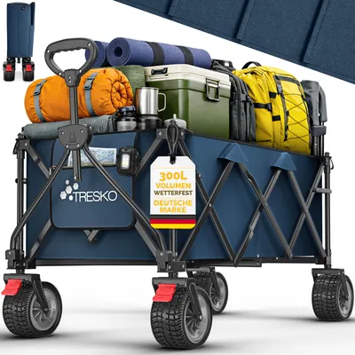 Produktbild von TRESKO® Bollerwagen faltbar 300L mit Bremse Blau | Handwagen klappbar 150kg inkl. Vollgummireifen | Faltbarer Strandwagen mit Extra Breite All-Terrain-Räder | Gartenwagen Transportwagen mit Tragetasche
