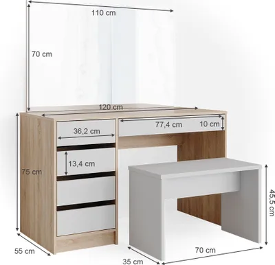 Produktbild von Schminktisch Vicco Sherry Weiß/Sonoma 120 cm mit Bank, Model 36882