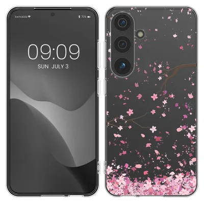 Produktbild von kwmobile Case kompatibel mit Samsung Galaxy S24 - Hülle Silikon transparent Kirschblütenblätter Rosa Dunkelbraun Transparent