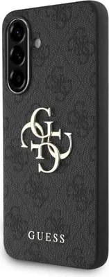 A black phone case with a textured pattern and a silver Guess logo and text.