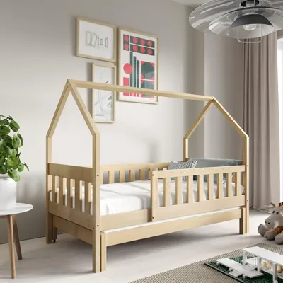Produktbild von Masseno Kinderbett BAMBINA 80x160 cm mit Rausfallschutz, Einzelbett für Mädchen und Jungs, Hausbett für Kinder, Kiefernholz