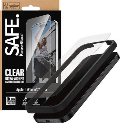A product shot of a screen protector packaging and the screen protector itself, with a phone case and phone shown in the foreground.