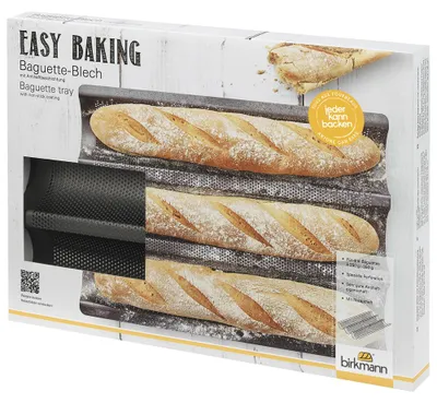 Produktbild von BIRKMANN 3er Baguette-Blech, L 38,5 x B 28 x H 4 cm, Antihaftbeschichtung, inkl. Rezept