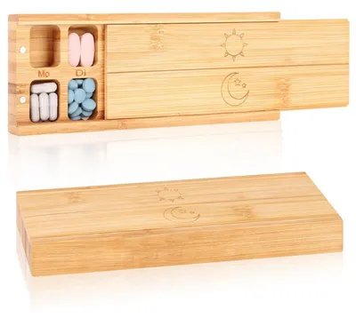 Obrázok produktu pre Dispenzer liekov s 7 priehradkami, bambusový, s magnetickým viečkom. Tablety na 7 dní, ráno/večer