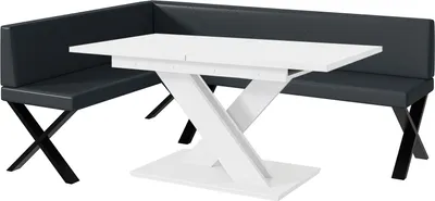 Produktbild von MEBLINI Eckbank für Esszimmer mit ausziehbarem Tisch  - Küchenbank - Essecke - Sitzecke Küche - ERIC - X-Beine 142x196x87cm Links - Dunkelgrau Kunstleder/B Weiß Matt