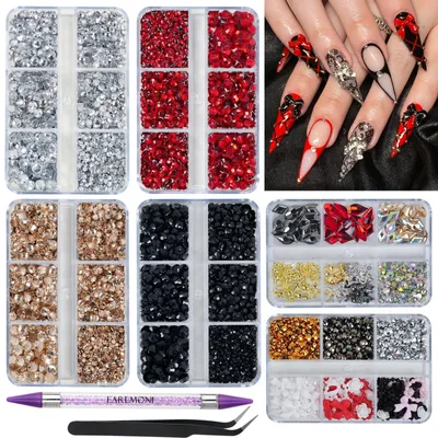 Produktbild von Strasssteine 12000 Stück - Flache Rückseite - 3D Formen - Nagelschmuck - Goldene Nagelcharms - Strass-Werkzeug - Nail Art