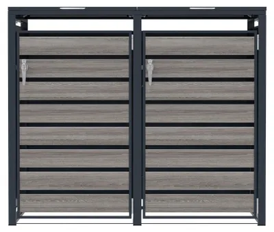 Immagine prodotto di Contenitore doppio per bidoni della spazzatura in metallo, grigio, con porta effetto legno grigio. Capacità: 2 x 240 litri