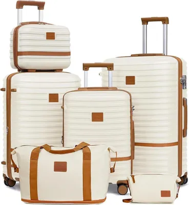 Image de Joyway Valise de voyage Beautycase Serrure TSA 6 pièces coque dure 4 roulettes 1 sac de voyage 1 trousse de toilette Blanc Marron
