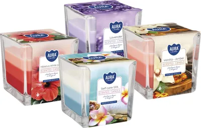 Zdjęcie produktu dla ZESTAW Świeca zapachowa w szkle trójkolorowa BISPOL Aura 32H MIX "8" 4szt.