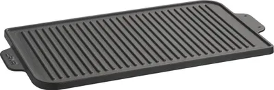 A cast iron grill pan on a white background.