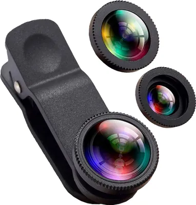 Produktbild von 3 in 1 Handy Objektiv Set, Clip-On Kamera-Adapter für Smartphones - Fischaugenobjektiv (180° Fisheye Linse) + Weitwinkel (0,65x Wide) + Makroobjektiv (10x)