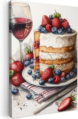 Produktbild von MuchoWow® - Leinwandbilder - Torte - Obst - Wein - Essen - Stillleben, Wandbild, Wanddeko Bilder Wohnzimmer, 80x120 cm