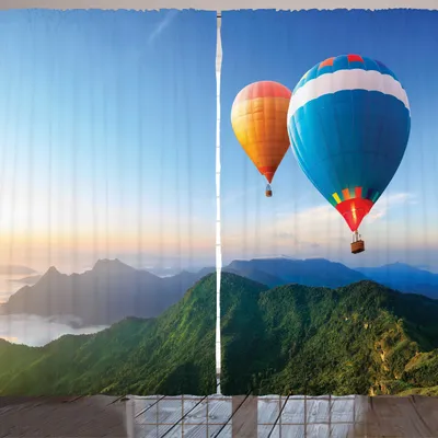 Immagine prodotto di ARANDE Tenda estiva panoramica, mongolfiere colorate volano sopra le creste Foto panoramica, 280 x 225 cm, blu azzurro multicolore