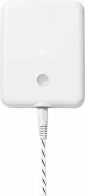 A white smart water sensor with a white and black striped cable plugged into it, isolated on a white background.