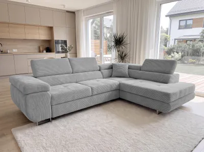 Produktbild von AX LIVING  Konak Cord-Schlafsofa R Hellgrau 276 cm breit – Bettkasten & Kopfstützen