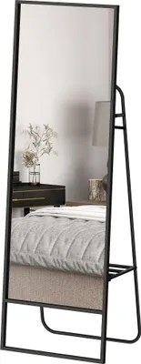 Produktbild von Industrieller Ganzkörperspiegel mit Metallrahmen und Regal, 157x50cm, 2 Haken, für Schlafzimmer, Schwarz