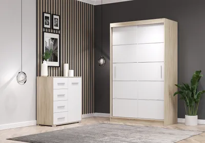 Produktbild von 2er-Set Schwebetürenschrank Schrank Kleiderschrank Sonoma/Weiß 120cm NEOMI 06 mit Kommode 90cm FRIDA MINI 01