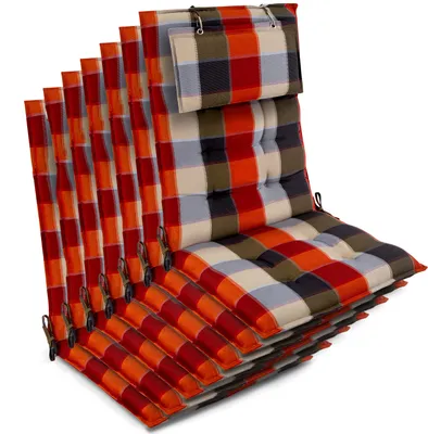 Productafbeelding van Beautissu 7-delige set zonnekussens, hoge rugleuning, afmetingen 120x50x8 cm, oranje-beige geruit