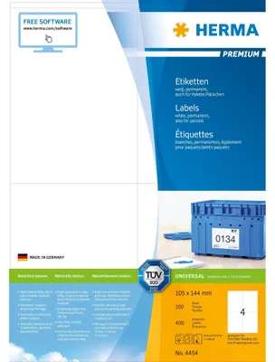 Obrázok produktu pre HERMA Premium - papier - matný - trvale samolepiaci - biely - 144 x 105 mm 400 štítkov (100 listov x 4)