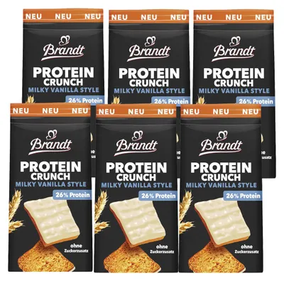 Zdjęcie produktu dla Brandt Zwieback Protein Crunch, smak waniliowy, polewa mleczna, 70g, opakowanie zbiorcze (6 sztuk)
