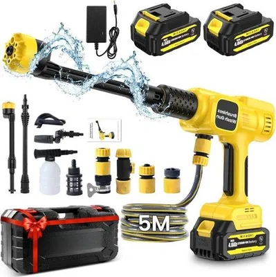 Immagine prodotto di Idropulitrice elettrica 6 in 1 - Pulitore portatile per terrazze - Giallo - Tubo da 5 m - Motore brushless - 2 batterie da 4,0 Ah - Caricabatterie