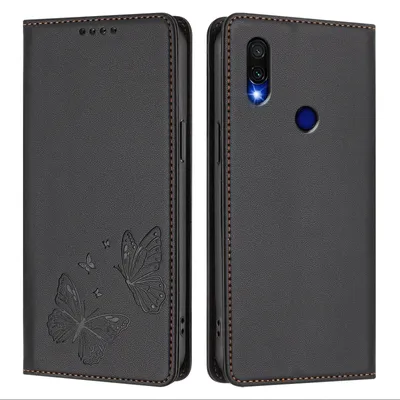 Obrázek produktu pro Kožené pouzdro pro Xiaomi Redmi 7, motýlí ražbou, peněženkové flip pouzdro se stojánkem Černá