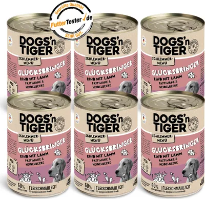 Produktbild von Dogs’n Tiger Adult Hundefutter, Glücksbringer, Nassfutter, Getreidefrei, Rind, Lamm, Pastinake & Heidelbeeren, 6x 400g