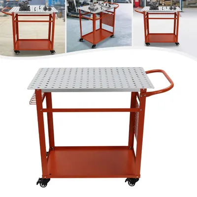Image de Table de soudage - Établi en acier - 91,44 × 61 × 91,44 cm - 2 niveaux - Capacité de charge : 272 kg - 4 roulettes - Perforations de 16 mm - Rouge
