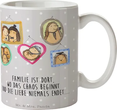 Produktbild von Mr. & Mrs. Panda Kaffeebecher Igel Familie - Grau Pastell - Geschenk, Tasse, Trinkbecher, Keramiktasse, Muttertag, Becher, Bilder, Bruder, Kaffeetasse, Mama, Papa, Liebe