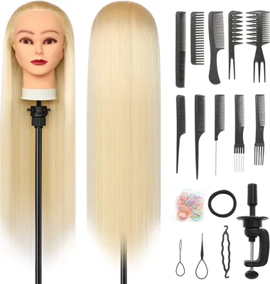Produktbild von Trainingsköpfe, 26 inch Übungskopf Frisierkopf Friseur   Synthetikfaser-Haar Styling Kopf Frisierkopf für Frisöre mit er Klemme und DIY Flechtset(Blond)