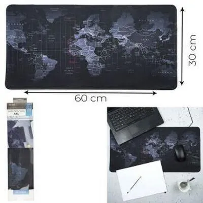 Immagine prodotto di Mousepad XXL Motiv Weltkarte, ca. 60 x 30 cm, schwarze Grundfarbe, Elastomer-Gummi