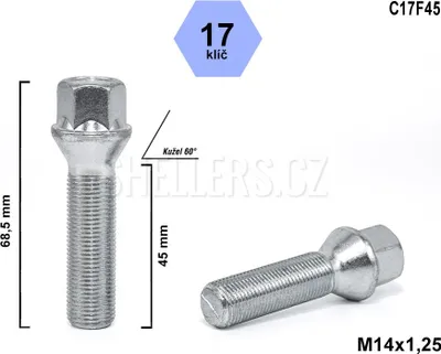 Obrázek produktu pro Kolový šroub M14x1,25x45 kuželový, klíč 17, C17F45, výška 68,5 mm
