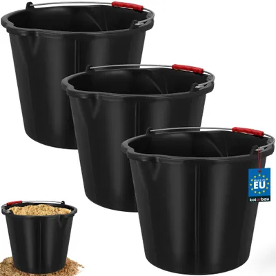 Image de KOTARBAU® Lot de 3 seaux de chantier 15 L - Seau à mortier - Seau à outils de maçon - Seau à enduit avec bec verseur et poignée - Seau à mortier avec graduation - Seau rond en plastique HDPE noir