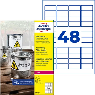 Produktbild von Avery Zweckform L4778-8, Wetterfeste Folien-Etiketten, A4, 45,7 x 21,2 mm, 384 Etiketten / 8 Bögen, weiß