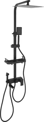A black shower system set with a rain shower head, hand shower, and shelves, displayed against a white background.