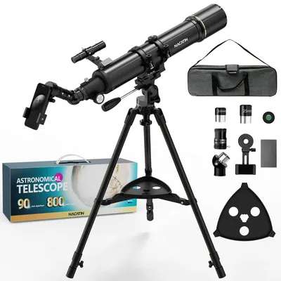 Produktbild von NACATIN 90mm/800mm Refraktor-Teleskop 32X-240X für Erwachsene & Anfänger – Eisenstativ, Smartphone-Adapter & Tragetasche , schwarz