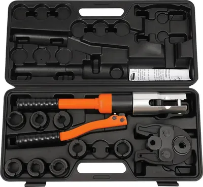 Zdjęcie produktu dla Hydrauliczne szczypce do zaciskania rur – narzędzie do zaciskania 10 t – 9 szczęk zaciskowych U16/20/25/32 i V12/15/18/22/28 – zaciskanie sześciokątne i okrągłe – pomarańczowe