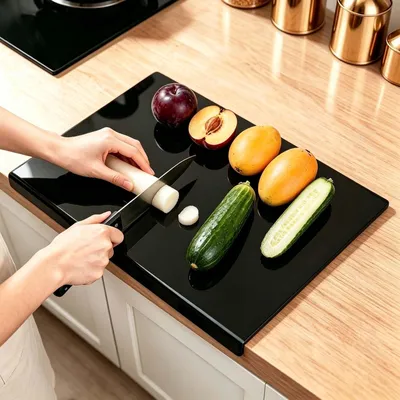 Imagen del producto de Tabla de cortar de acrílico negro con superficie antideslizante y borde protector, 40 x 30 cm